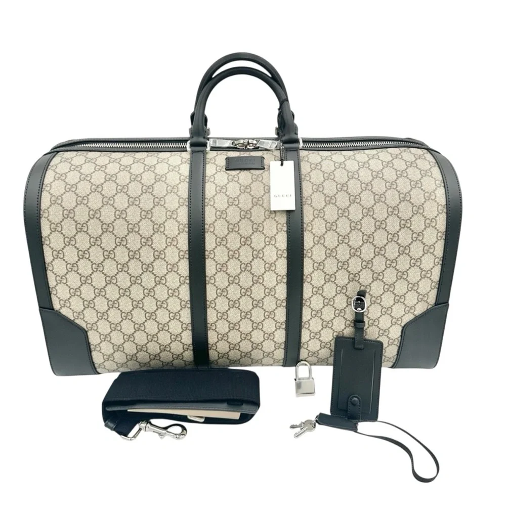NWT Full Set Gucci GG Supreme Leather Trim X-Large Travel Duffel Bag Beige/Black